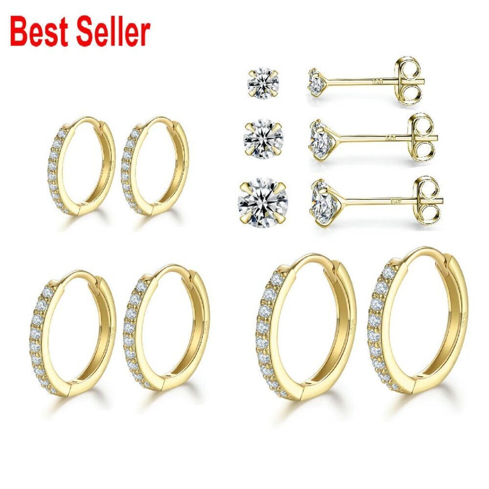 Sterling Silver Hoop Earrings Set Hypoallergenic Cubic Zirconia Studs Classic